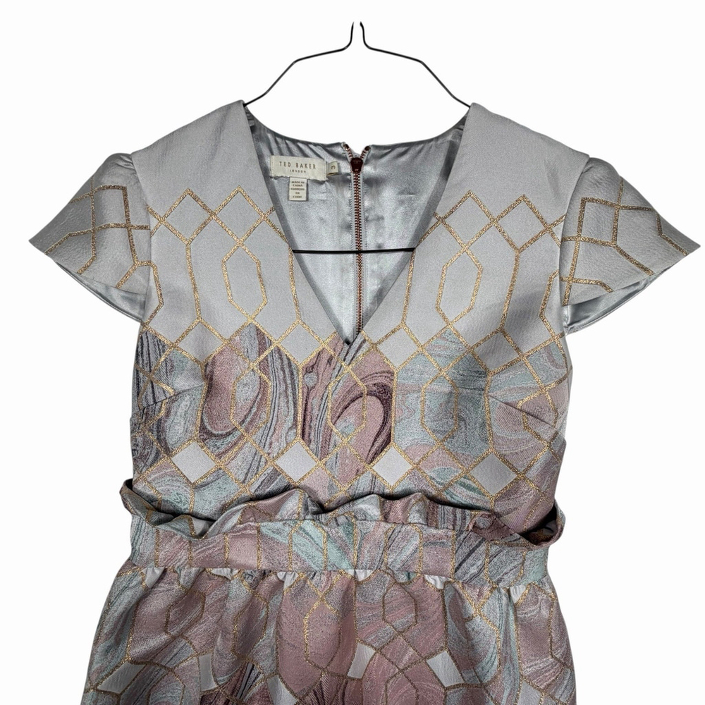 Ted Baker London Ingrida Jacquard Dress Mid Pink Gold Grey V-Neck Size 3 - Picture 3 of 9